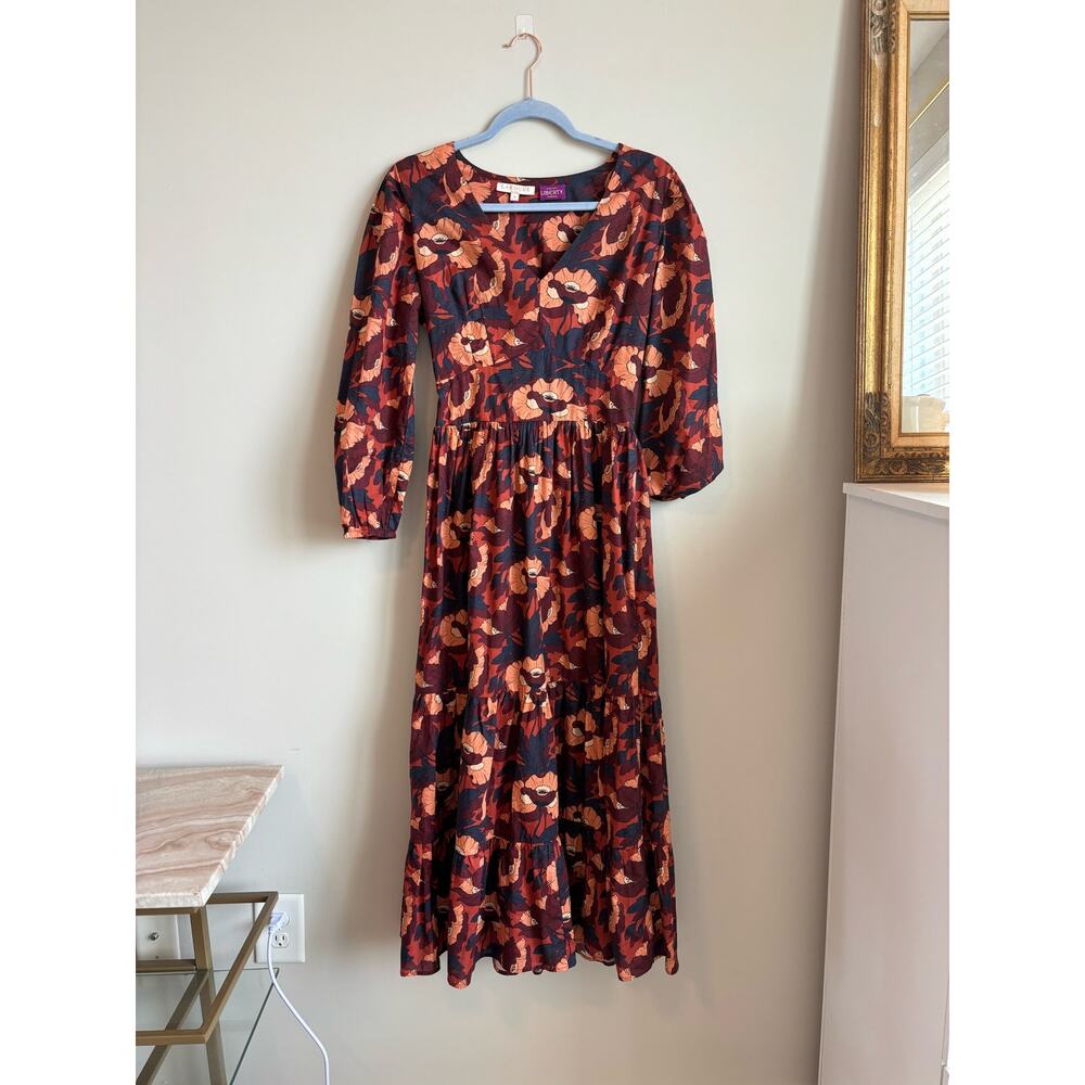 LaRoque Fall Tiered Midi Dress in‎ Chestnut Poppy | Small | V Neck | Long Sleeve